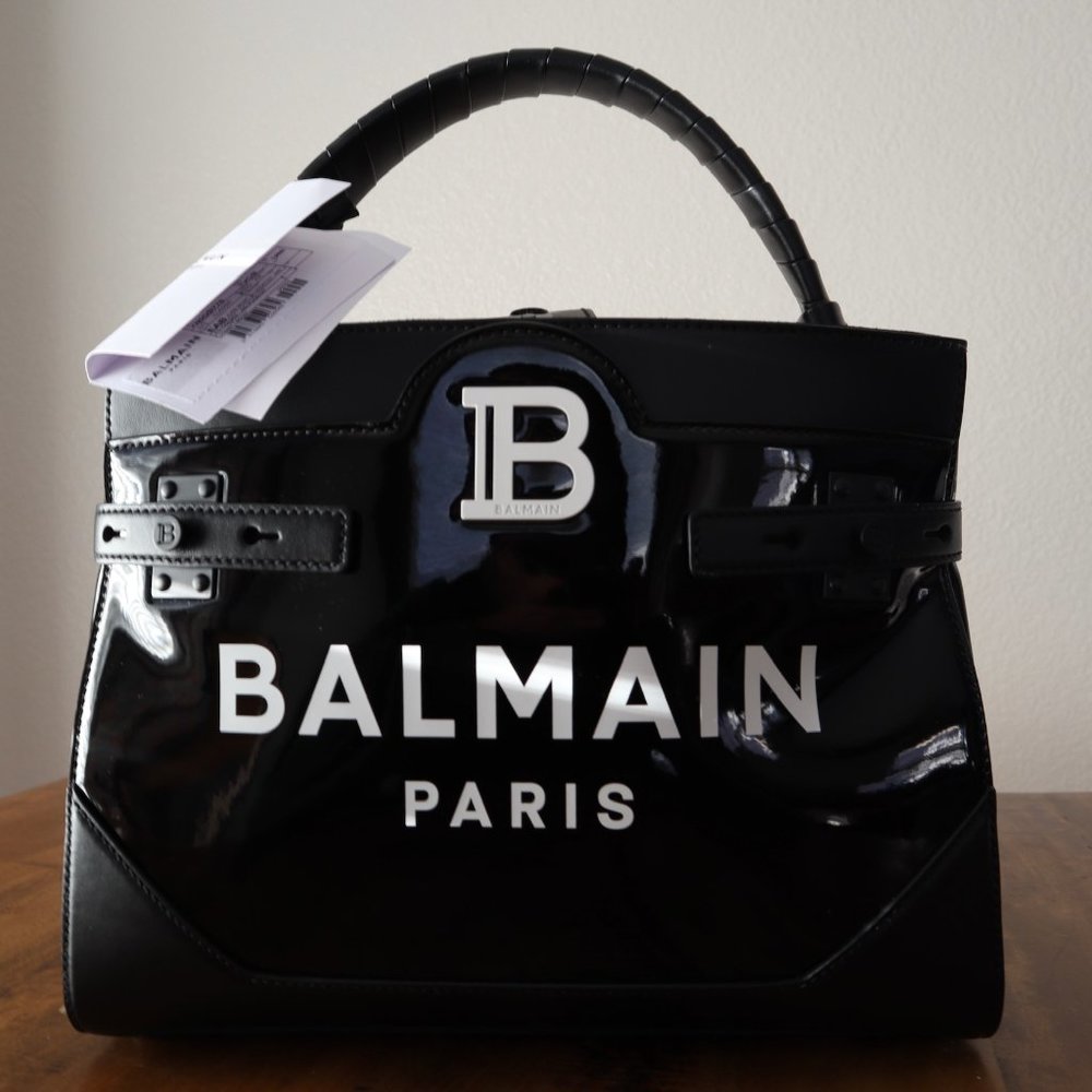 Balmain BBuz 31 Logo Vinyl Top Handle Bag Black/White